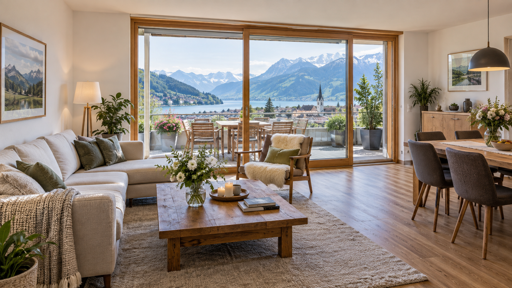 Helle Schweizer Wohnung mit Balkon und Berglandschaft